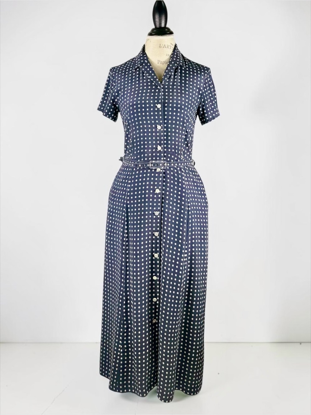 Xia Er 100% Silk Belted Maxi Button Up Shirt Dress with Pockets Navy Medium